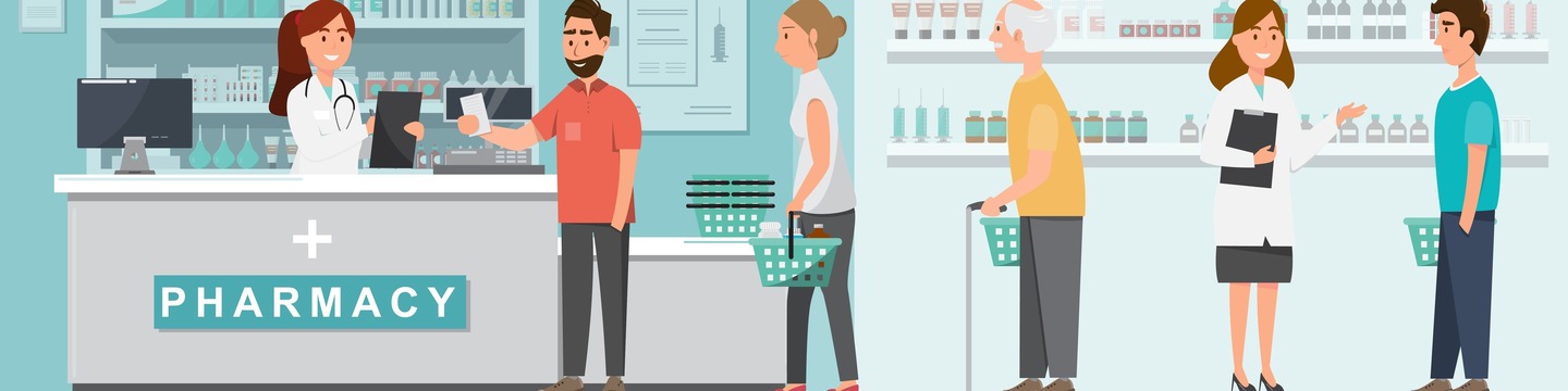 Illustration of people in a queue at a pharmacy