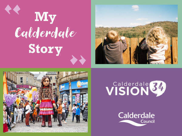 Vision 34 logo with images of a festival and children.
