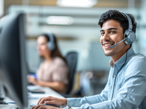 Man at desk wearing audio headphones