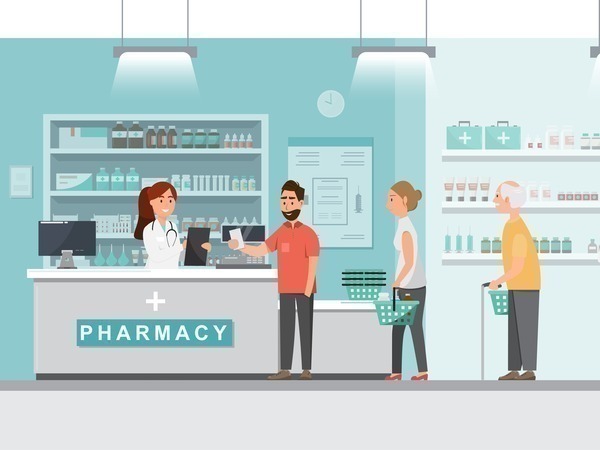 Illustration of people in a queue at a pharmacy
