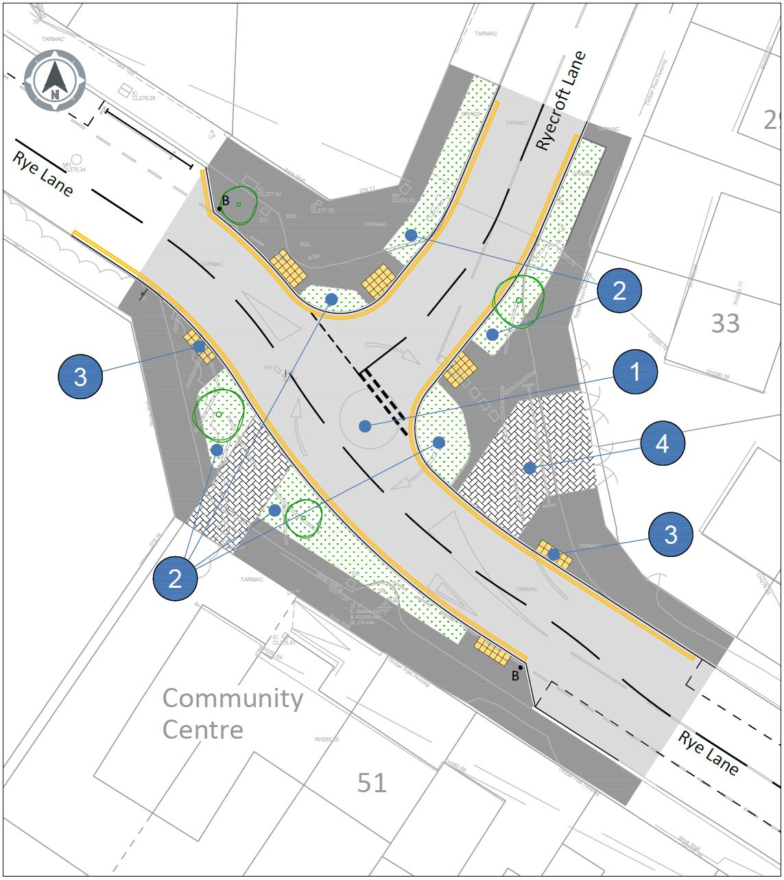 Location Map F. New layout for junction of Rye Lane and Ryecroft Lane. Details in key.