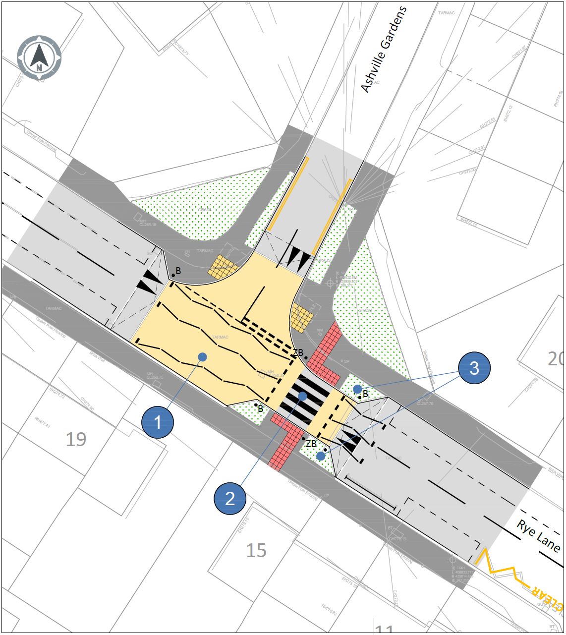 Location Map D. New layout for junction of Ashville Gardens and Rye Lane. Details in key.