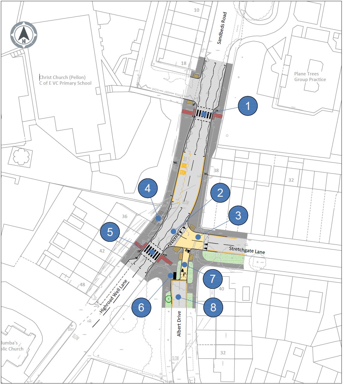 Location A Map. New layout for junction of Highroad Well Lane and Stretchgate Lane. Details in key.